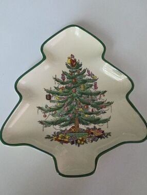 SPODE- Holiday Tree Ceramic Dish in Green Trim